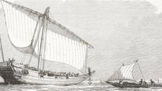Navire négrier au large des côtes africaines ; illustration tirée du magazine L'Illustration, Journal Universel, vol 14, no 348, octobre 1849