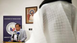 Philippine ambassador Renato Pedro Villa speaks to reporters in Kuwait City (21 April 2018)