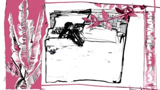 Ilustração na qual um casal está na cama