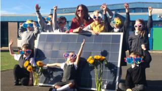 Gylemuir Primary School pupils at a solar panel Pic: Lisa Summers
