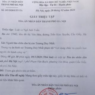 Chiều 28/2, TAND TP Hà Nội đã gửi thư mời LS Ngo Anh Tuấn bào chưa cho ông Trương Duy Nhất trong phiên xét xử hôm 9/3