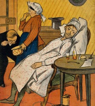 Doctor examina excrementos. Litografía posiblemente de F. Sottlolez