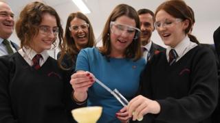 Jo Swinson with pupils at Hinchley Wood School, North London