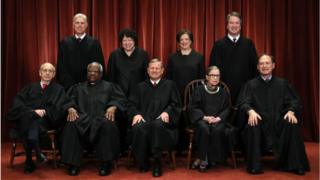 Seated from left: Associate Justices Stephen Breyer, Clarence Thomas, Chief Justice John Roberts, Ruth Bader Ginsburg and Samuel Alito; Standing from left: Associate Justices Neil Gorsuch, Sonia Sotomayor, Elena Kagan and Brett Kavanaugh