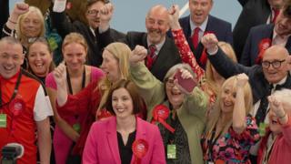 Labour shadow education secretary Bridget Phillipson celebrates with her supporters after winning the Houghton and Sunderland South constituency at Silkworth Community Pool Tennis & Wellness Centre in Sunderland
