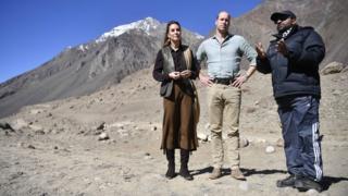 The Duke and Duchess of Cambridge speak with Dr Furrukh Bashir during a visit to the Chiatibo glacier in Pakistan