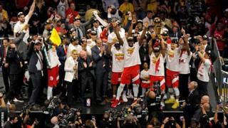 The Toronto Raptors celebrate their NBA finals success over the Golden State Warriors