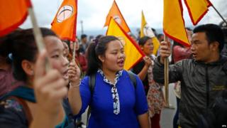 Activists of Nepal Federation of Indigenous Nationalities chant slogans during a general strike called by the Nepal Federation of Indigenous Nationalities in Kathmandu, Nepal (23 August 2015)