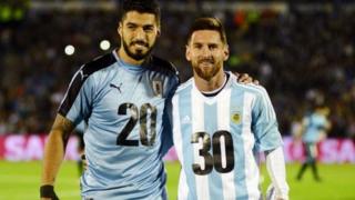 For one World Cup qualifier for September 2017, Uruguay Luis Suarez and Argentina Lionel Messi snap photo with special kit to promote di 2030 bid