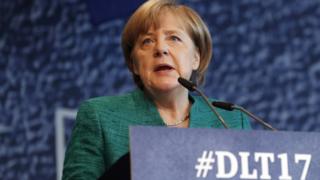 German Chancellor Angela Merkel at a meeting of the youth wing of her Christian Democrat party, 8 October 2017