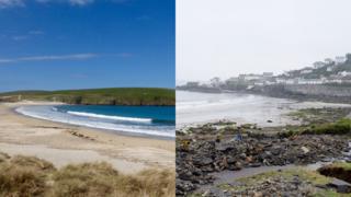 Sun in St Ninians Isle, Shetland, meanwhile Emergency services survey the damage to a road in , after intense rain caused flash flooding in Coverack, Cornwall
