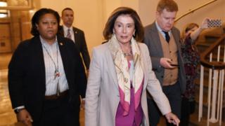 House Speaker Nancy Pelosi arrives at the US Capitol in Washington DC on 7 January