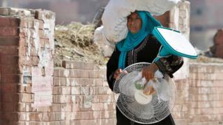 An Egyptian farmer carries a fan through a street in Cairo (11 August 2015)
