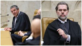 Montagem mostra uma foto de Marco Aurélio e outra de Dias Toffoli