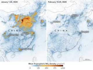 A map released by Nasa shows how air pollution levels have reduced in China this year