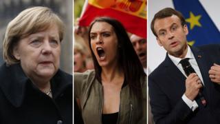 Angela Merkel, una manifestante española y Emmanuel Macron