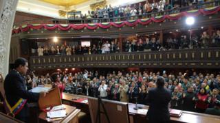 Photo from the Miraflores Palace shows President Nicolas Maduro (L) addressing the National Constituent Assembly in Caracas on 10 August 2017