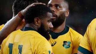 Australia celebrate Marika Koroibete's try