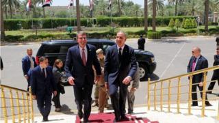 Ash Carter (centre left) with Iraqi Defence Minister Khaled al-Obaidi in Baghdad (11/07/16)