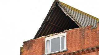 Exposed roof timbers are pictured after a part of building collapsed in Herne Bay, south east England.