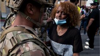 Protester and National Guard soldier in Los Angeles on 2 June