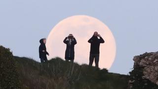 Ein rosa Supermoon erhebt sich über dem Felsen von Dunamase in der Grafschaft Laois in der Republik Irland