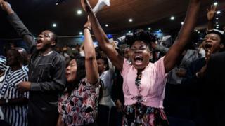 Worshippers of the Nigerian Pentecostal church Salvation Ministries attend the 5th Sunday service at their church headquarters in Port Harcourt, southern Nigeria, on February 24, 2019