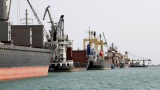 Ships docked at Hudaydah port, Yemen, May 14, 2019