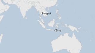 Map marking Bima in Indonesia and Bangkok in Thailand