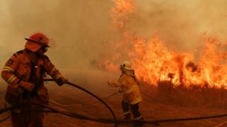 Australian firefighters battle a wildfire at close range earlier this month