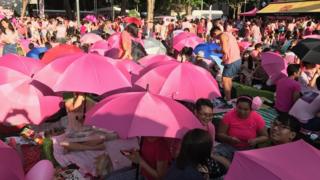 Активисты держат розовые зонтики, чтобы скрыть их от солнца