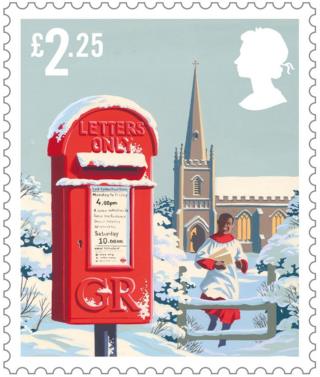 Christmas scene stamp featuring a post box, a church and a worshipper hearding to post Christmas cards