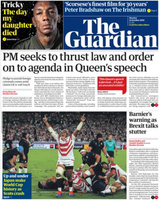 Front page of the Guardian on 14 October 2019