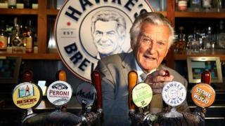 Bob Hawke pours Hawke's Lager at the launch of Hawke's Lager at The Clock Hotel in Sydney, Australia