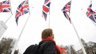 A member of the public views Union Jack flags in Parliament Square, London, ahead of the UK leaving the EU at 23:00 on Friday, 31 January