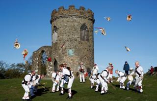 Leicester Morrismen throw their hats during May Day celebrations at Bradgate Park in Newtown Linford, UK May 1, 2018.