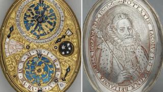 Design of watch face and engraving of King James I of England