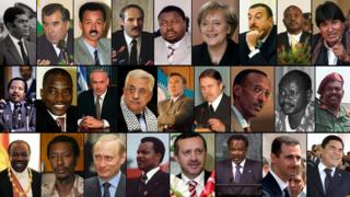 Vladimir Putin (Russia); Angela Merkel (Germany); Evo Morales (Bolivia); Recep Tayyip Erdoğan (Turkey); Ilham Aliyev (Azerbaijan); Alexander Lukashenko (Belarus); Pierre Nkurunziza (Burundi); Paul Biya (Cameroon); Benjamin Netanyahu (Israel); Nursultan Nazarbayev (Kazakhstan); Paul Kagame (Rwanda); Bashar Al-Assad (Syria); Gurbanguly Berdimuhamedow (Turkmenistan); Yoweri Museveni (Uganda); Abdelaziz Bouteflika (Algeria); Idriss Déby (Chad); Joseph Kabila (DRC); Denis Sassou Nguesso (Congo); Ismaïl Omar Guelleh (Djibouti); Teodoro Obiang Nguema Mbasogo (Equatorial Guinea); Isaias Afwerki (Eritrea); Ali Bongo Ondimba (Gabon); Mahmoud Abbas (Palestine); Emomalii Rahmon (Tajikistan); Faure Gnassingbé (Togo); Omar Al-Bashir (Sudan)