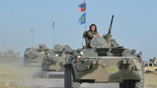 Russian soldiers of Rapid Deployment Forces of the Central Asian nations take part on August 1, 2014 in joint military exercise at the Ala-Too training ground, some 20 km outside Bishkek, the capital of Kyrgyzstan.