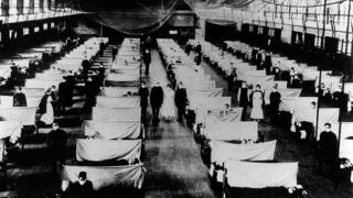 A warehouse used as a makeshift hospital for influenza patients in 1918