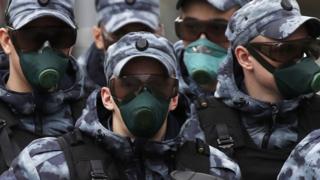 National Guard officers in face masks patrol an area around Moscow's Jumah Mosque during the celebration of Eid al-Fitr (also known as Uraza Bairam) amid the pandemic of the novel coronavirus disease (COVID-19).
