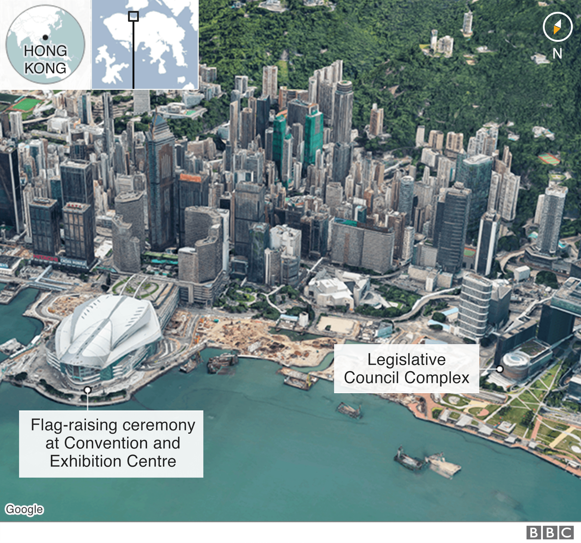 Map showing where ceremony was compared to LegCo building