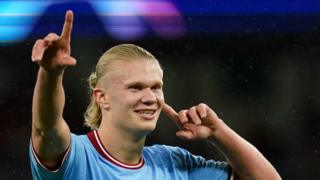 Manchester City striker Erling Haaland celebrates after scoring his second goal against Copenhagen