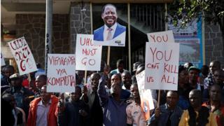 Supporters of Kenyan opposition leader Raila Odinga, from the National Super Alliance (NASA), coalition protest outside the Supreme Court in Nairobi, Kenya August 18, 2017.