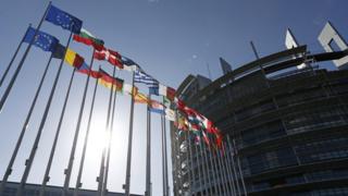 Flags of European Union member states in front of the European Parliament building, Strasbourg