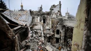This picture shows the partially destroyed Mariupol drama theatre, bombed last March 16, in Mariupol on April 12, 2022