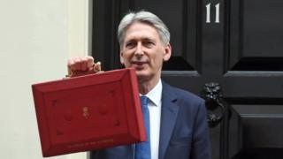 Philip Hammond carrying the red budget box outside of Number 11 Downing Street