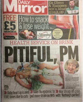 front page of Daily Mirror, Monday 8 January 2018