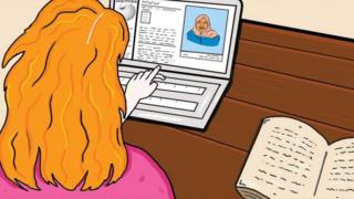 Ilustración de una mujer editando un perfil de Wikipedia
