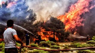 Пожарные и добровольцы пытаются потушить бушующий лесной пожар в Верори, недалеко от города Лутраки, Пелопоннес, южная Греция, 24 июля 2018 года